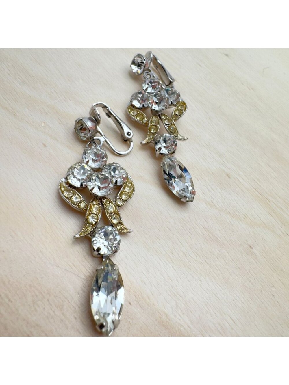 Rhinestone Clip-On Dangle Earrings Silver-Tone Clear Yellow Crystals 2" Vintage
